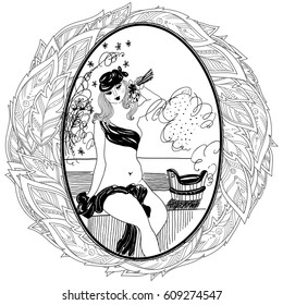 Pattern for coloring book for adult. Vintage girl in bathroom. Set of illustrations.