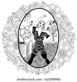 Pattern for coloring book for adult. Vintage girl doing morning exercises. Set of illustrations.