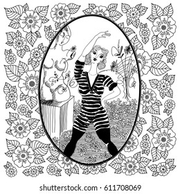 Pattern for coloring book for adult. Vintage girl doing morning exercises. Set of illustrations.