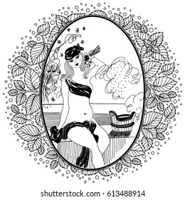 Pattern for coloring book for adult. Vintage girl in bathroom. Set of illustrations.