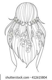 The pattern for coloring book for adults, A4 size. Girl with feathers on her hair. Modern linear art. Vector.