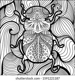 Pattern for coloring book. Coloring for adults and children. Natural elements, patterns. Antistress, art therapy. Black and white image of a beetle.