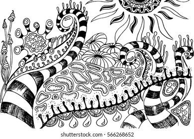 Pattern for coloring book for adults with fantasy extraterrestrial theme. Black and white phantasmagorical background. Hand drawn art. Made by trace from sketch. 