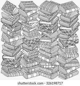 Pattern for coloring book. Artistic books, bookshelf,  hand-drawn decorative elements in vector. Black and white pattern.  Made by trace from sketch. Zentangle.