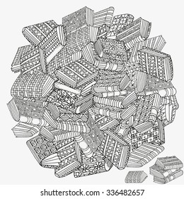 Pattern for coloring book. Artistic books, bookshelf,  hand-drawn decorative elements in vector. Black and white pattern.  Made by trace from sketch. Zentangle.