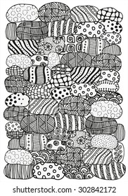 Pattern for coloring book with artistic stones.  Ethnic, floral, retro, doodle, vector, tribal design element. Black and white  background. A4 size.