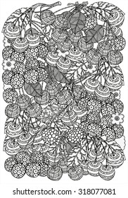 Pattern for coloring book with  artistically cherries in vector. Hand-drawn, ethnic, floral, retro, doodle, vector, zentangle, tribal design element.  Black and white. Made by trace from sketch.