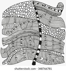 Pattern for coloring book. Artistically feather on a white background. Vintage, tribal, artistically drawn, stylized feather. Sketch by trace. zentangle