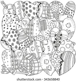 Pattern for coloring book with  artistically hand drawn hearts  in vector. Doodle, zentangle, henna, tribal design elements.  Black and white. Made by trace from sketch.
