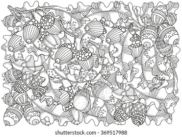 Pattern for coloring book with artistically hand drawn acorns and oak leaves  in vector. A4 size. Ethnic, floral, doodle, zentangle, tribal design elements.  Black and white. Made by trace from sketch