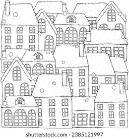 Patrón para el libro de colorear con casas artísticas. Fondo de la calle. Patrón para el libro de colorear. Zentangle. Patrón blanco y negro en vector.