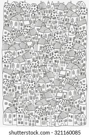 Pattern for coloring book with artistically houses. A4 size. Magic City. Street background. Made by trace from sketch. Ink pen. Zentangle. Black and white pattern in vector.