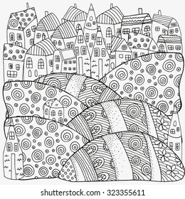 Pattern for coloring book with artistically houses. Magic City, fields, landscape. Made by trace from sketch. Ink pen. Zentangle. Black and white pattern in vector.