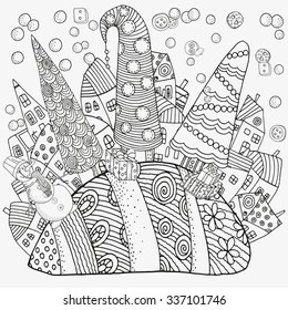 Pattern for coloring book with artistically houses, Xmas trees and snowman. Magic City, fields, trees, landscape. Made by trace from sketch. Ink pen. Zentangle. Black and white pattern in vector.