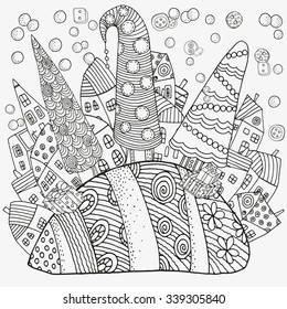 Pattern for coloring book with artistically houses, Xmas trees and snowman. Magic City, fields, trees, landscape. Made by trace from sketch. Ink pen. Zentangle. Black and white pattern in vector.