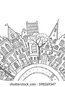 Pattern for coloring book with artistically part of city street with Fairy tale houses facade with windows and doors. high detailed. for T-shirt print or Coloring book page for adults in vector.