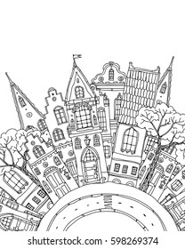 Pattern for coloring book with artistically part of city street with Fairy tale houses facade with windows and doors. high detailed. for T-shirt print or Coloring book page for adults in vector.