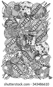 Pattern for coloring book with autumn leaves.  Ethnic, floral, retro, doodle, vector, tribal design element. Black and white  background.