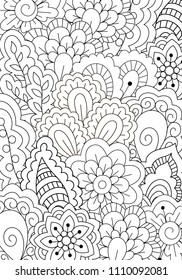 Pattern for coloring book. Black and white background with floral, ethnic, hand drawn elements for design.