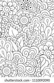 Pattern for coloring book. Black and white background with floral, ethnic, hand drawn elements for design.