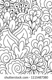 Pattern for coloring book. Black and white background with floral, ethnic, hand drawn elements for design.