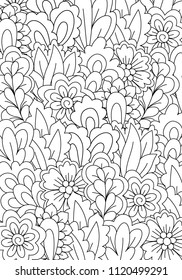 Pattern for coloring book. Black and white background with floral, ethnic, hand drawn elements for design.