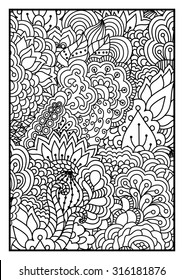 Pattern for coloring book. Black and white background with floral, ethnic, hand drawn elements for design.