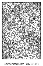 Pattern for coloring book. Black and white background with floral, ethnic, hand drawn elements for design. Vector illustration.