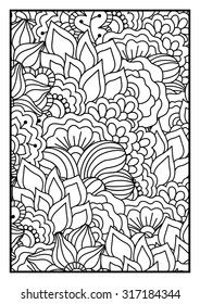 Pattern for coloring book. Black and white background with floral, ethnic, hand drawn elements for design.