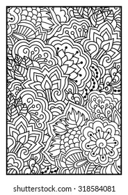 Pattern for coloring book. Black and white background with floral, ethnic, hand drawn elements for design.