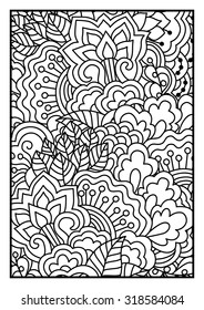 Pattern for coloring book. Black and white background with floral, ethnic, hand drawn elements for design.
