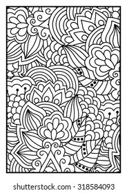 Pattern for coloring book. Black and white background with floral, ethnic, hand drawn elements for design.