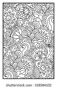 Pattern for coloring book. Black and white background with floral, ethnic, hand drawn elements for design.