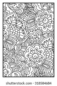 Pattern for coloring book. Black and white background with floral, ethnic, hand drawn elements for design.