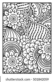 Pattern for coloring book. Black and white background with floral, ethnic, hand drawn elements for design.