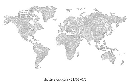 Pattern for coloring book.  Black and white doodle graphic illustration of map of world. 