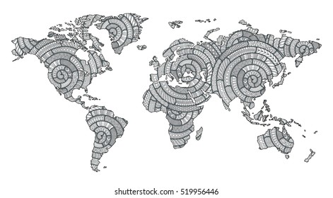 Pattern for coloring book.  Black and white doodle graphic illustration of map of world. 