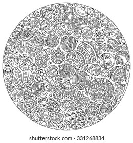 Pattern for coloring book. Christmas hand-drawn decorative elements in vector. Fancy Christmas ball from balls . Pattern for coloring book. Black and white pattern. Zentangle. Doodles. 