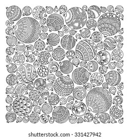 Pattern for coloring book. Christmas hand-drawn decorative elements in vector. Fancy Christmas balls, stars. Pattern for coloring book. Black and white pattern.