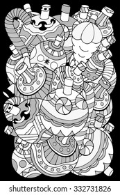 Pattern for coloring book. Christmas hand-drawn decorative elements in vector. Fancy Christmas balls, stars. Pattern for coloring book. Black and white pattern.  Made by trace from sketch. Zentangle