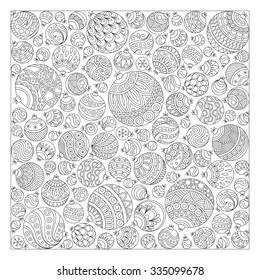 Pattern for coloring book. Christmas hand-drawn decorative elements in vector. Fancy Christmas balls, stars. Pattern for coloring book. Black and white pattern.