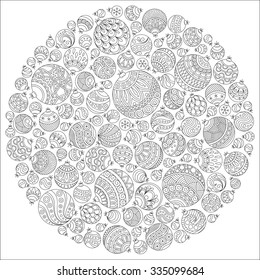 Pattern for coloring book. Christmas hand-drawn decorative elements in vector. Fancy Christmas ball from balls . Pattern for coloring book. Black and white pattern. Zentangle. Doodles.