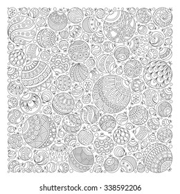 Pattern for coloring book. Christmas hand-drawn decorative elements in vector. Fancy Christmas balls, stars. Pattern for coloring book. Black and white pattern.