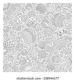 Pattern for coloring book. Christmas hand-drawn decorative elements in vector. Fancy Christmas balls, stars. Pattern for coloring book. Black and white pattern.