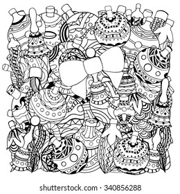 Pattern for coloring book. Christmas hand-drawn decorative elements in vector. Black and white pattern. 