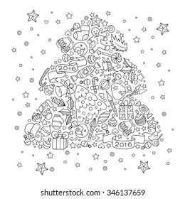 Pattern for coloring book. Christmas hand-drawn decorative elements in vector. Christmas tree from Christmas decorative elements. Black and white pattern. Zentangle Doodles style. 