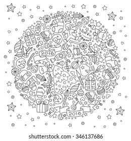 Pattern for coloring book. Christmas hand-drawn decorative elements in vector. Christmas ball from Christmas decorative elements. Black and white pattern. Zentangle Doodles style. 