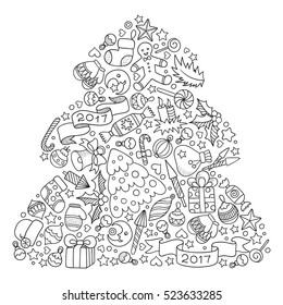 Pattern for coloring book. Christmas hand-drawn decorative elements in vector. Christmas tree from Christmas decorative elements. Black and white pattern. Zentangle Doodles style.