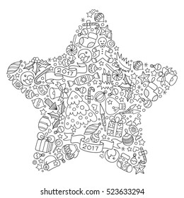 Pattern for coloring book. Christmas hand-drawn decorative elements in vector. Christmas star from Christmas decorative elements. Black and white pattern. Zentangle Doodles style.