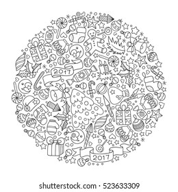 Pattern for coloring book. Christmas hand-drawn decorative elements in vector. Christmas ball from Christmas decorative elements. Black and white pattern. Zentangle Doodles style.